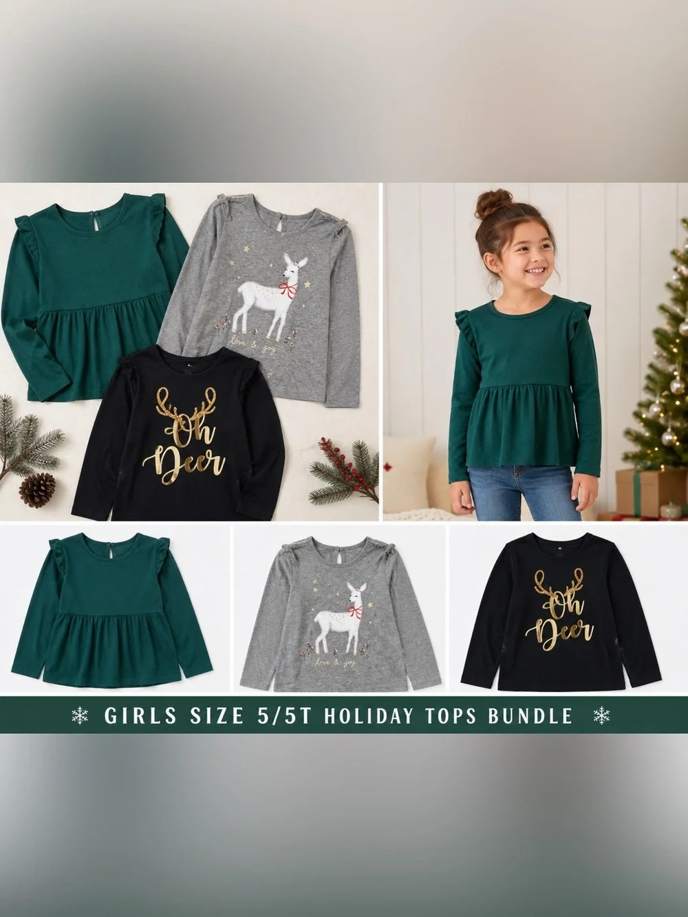 Girls' Holiday Top Bundle – Green, Gray & Black